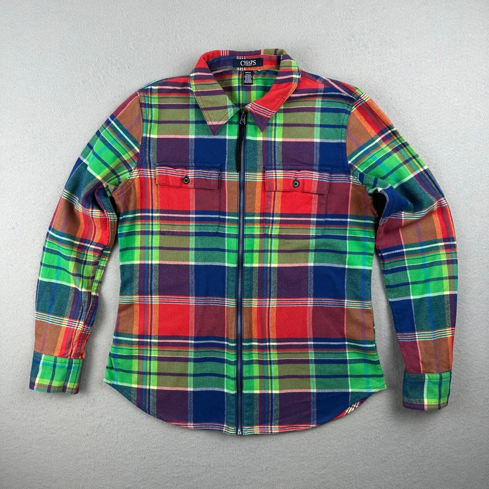 Chaps Denim Full Zip Flannel Shirt Womens Small Multi Color Plaid Cotton Jacket